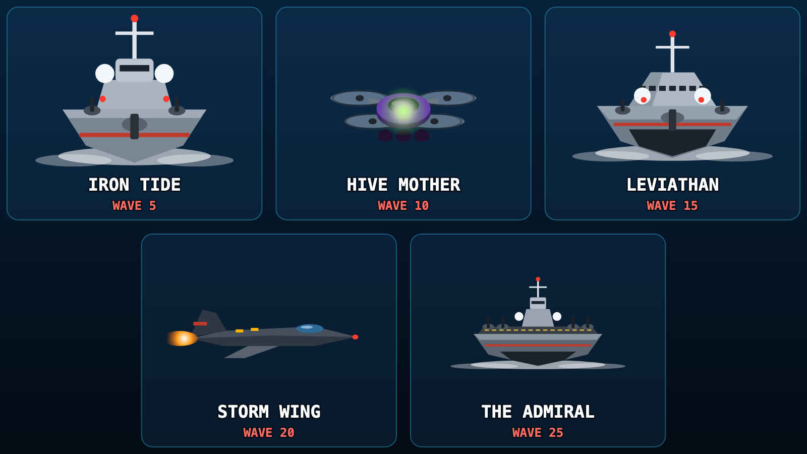 USV Attack bosses: Iron Tide, Hive Mother, Leviathan, Storm Wing and The Admiral