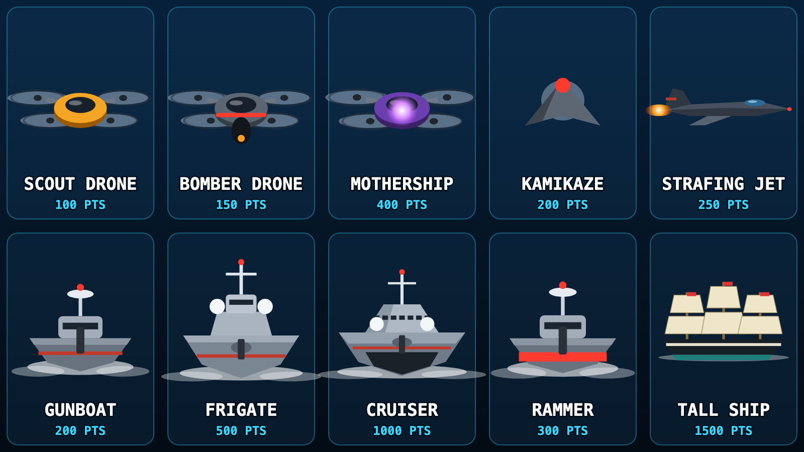 USV Attack enemy roster: drones, jets, gunboats, frigates and cruisers